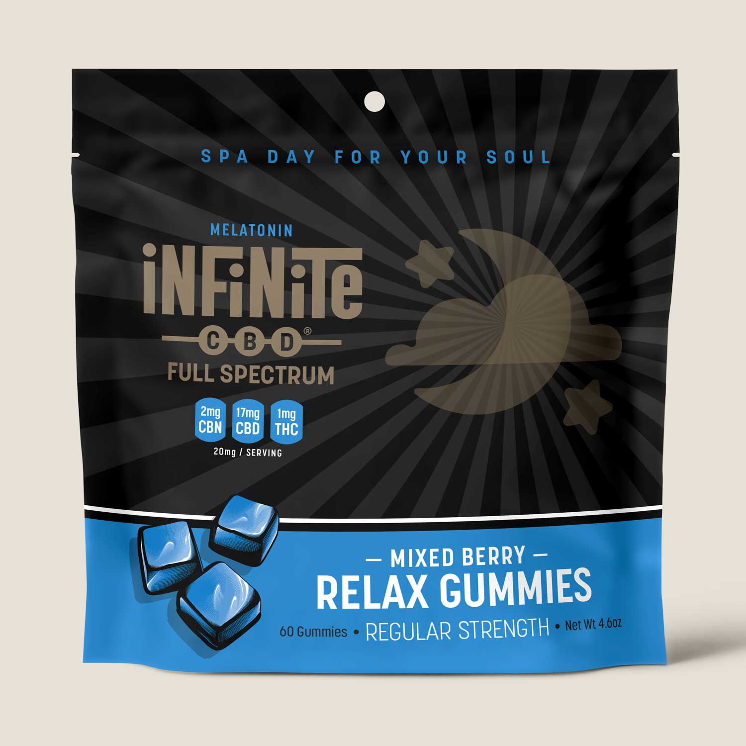 Gummies<br>Formulation: Relax<br>CBD: Full Spectrum (Contains THC)<br>Strength: Regular (20mg/serving)