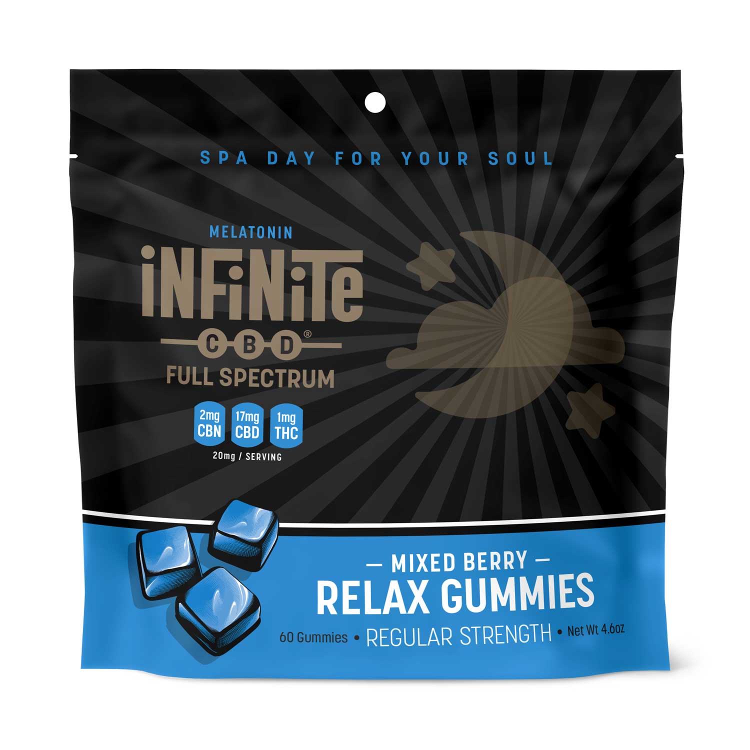 Gummies<br>Formulation: Relax<br>CBD: Full Spectrum (Contains THC)<br>Strength: Regular (20mg/serving)